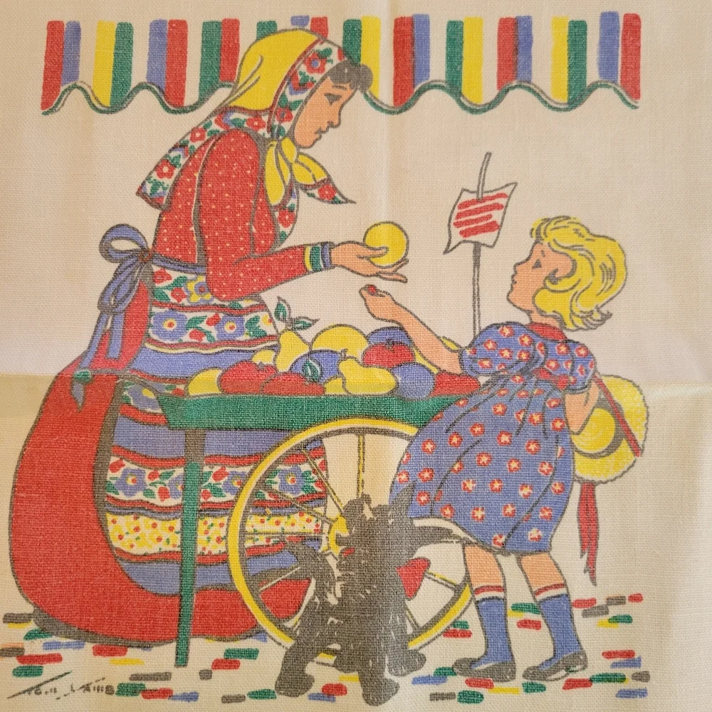 Vintage Tom Lamb Tea Towel ~ Girl at Market ~ 1940s - MCM ~ Colorful!